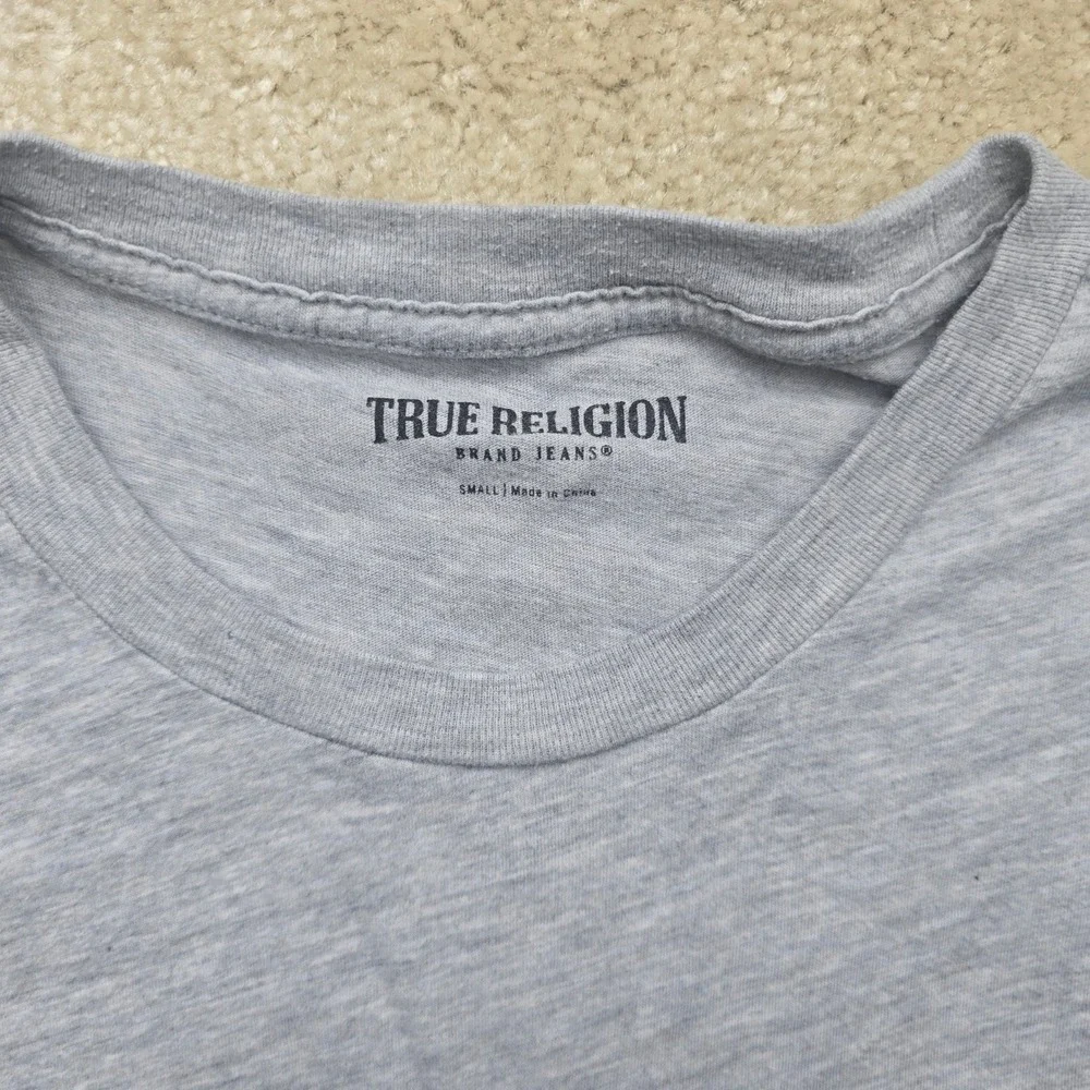 True Religion Mens Buddha Guitar Graphic T-Shirt Gray Short Sleeve Small